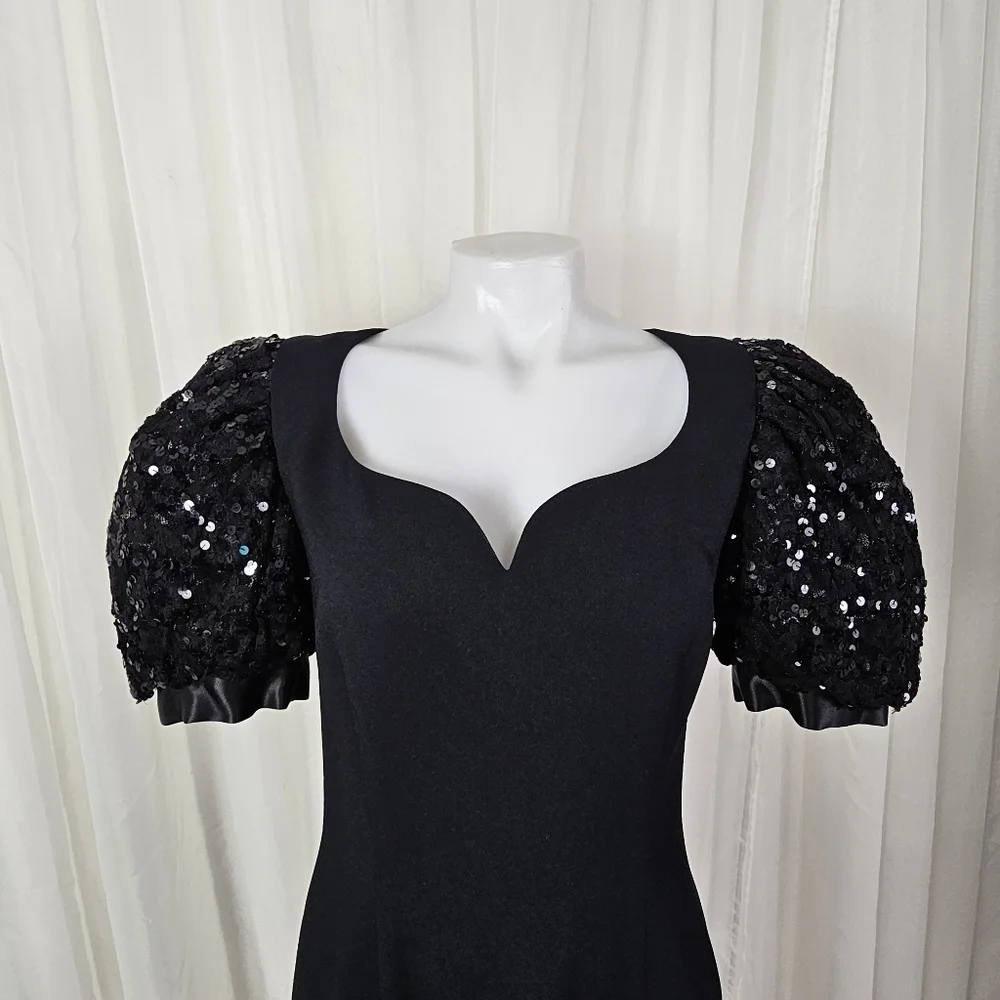 Vintage Morton Myles black sequin puff sleeve cocktail dress sweetheart neckline